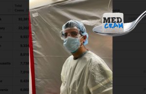 Dr. Ryan Seheult Posts ICU PPE Tutorial on MedCram Physician in scrubs demonstrates donning N95 respirator and gown inside hospital clean zone before entering COVID-19 ICU.