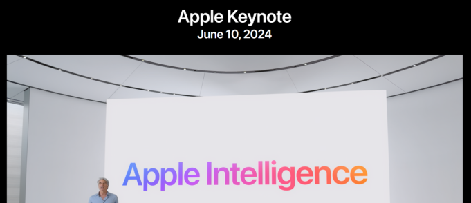 Apple CEO Tim Cook presents Apple Intelligence on a large screen at the 2024 Worldwide Developers Conference.