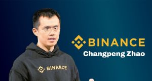 Changpeng Zhao Resigns as Binance CEO Changpeng Zhao speaking at a cryptocurrency conference, with Binance logo visible in the background.
