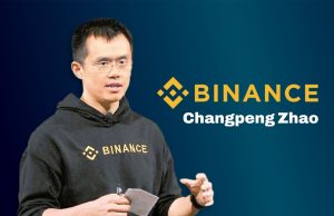 Changpeng Zhao Resigns as Binance CEO Changpeng Zhao speaking at a cryptocurrency conference, with Binance logo visible in the background.
