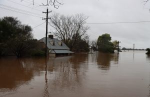 Floodwaters cover a rural Kentucky road with submerged cars and debris near a hillside