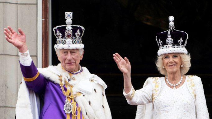 Coronation of Charles III and Camilla Charles III and Camilla sit enthroned in Westminster Abbey during their coronation ceremony, surrounded by clergy and royal family members.