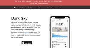 Dark Sky weather app interface on an iPhone showing a rain alert and temperature data.