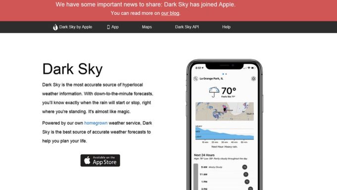Dark Sky weather app interface on an iPhone showing a rain alert and temperature data.