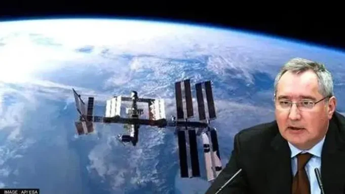 Dmitry Rogozin Roscosmos International Space Station Roscosmos director Dmitry Rogozin speaking at a press conference about the International Space Station's uncertain future due to sanctions.
