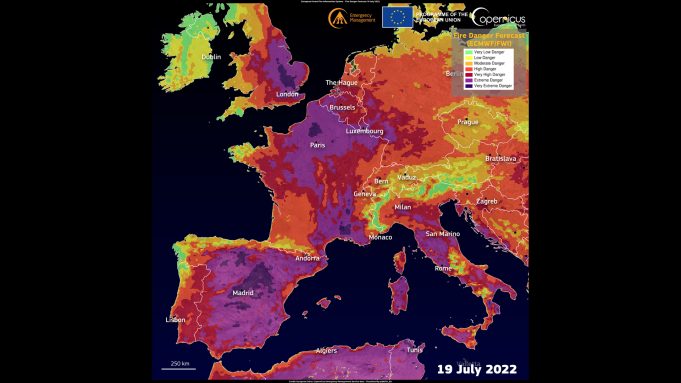 Europe 2022 Heatwave Wildfire Satellite A cracked, dry landscape under a blazing sun, illustrating the severe drought from the 2022 European heatwaves.