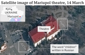 Ukraine Reports 300 Dead in Mariupol Theater Strike Ruins of the Mariupol Drama Theatre after a Russian airstrike, with rubble and debris scattered around the bombed building.