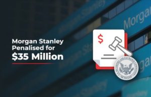 Morgan Stanley headquarters entrance with SEC and CFTC press release on digital screen.