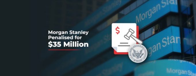 Morgan Stanley Sec Cftc Fine Morgan Stanley headquarters entrance with SEC and CFTC press release on digital screen.