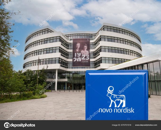 Novo Nordisk Headquarters Denmark Building Novo Nordisk headquarters in Bagsværd, Denmark, with company logo visible on the glass facade.