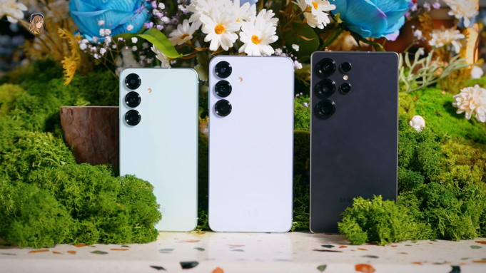 Samsung Galaxy S25 smartphones displayed on stage during the Galaxy Unpacked event in San Jose, California.