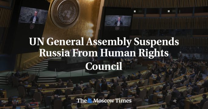 UN General Assembly chamber with delegates voting on a resolution to suspend Russia from the Human Rights Council.