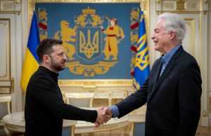 CIA Director Burns Meets Zelenskyy in Kyiv Aid Talks CIA Director William Burns and President Zelenskyy shake hands inside a Kyiv government building amid tight security.
