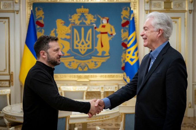 William Burns Volodymyr Zelenskyy Kyiv CIA Director William Burns and President Zelenskyy shake hands inside a Kyiv government building amid tight security.